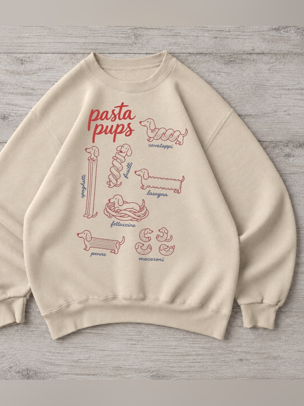 Gildan Sand Dachshund Spaghetti Sweatshirt with Red Pasta Pups Graphic